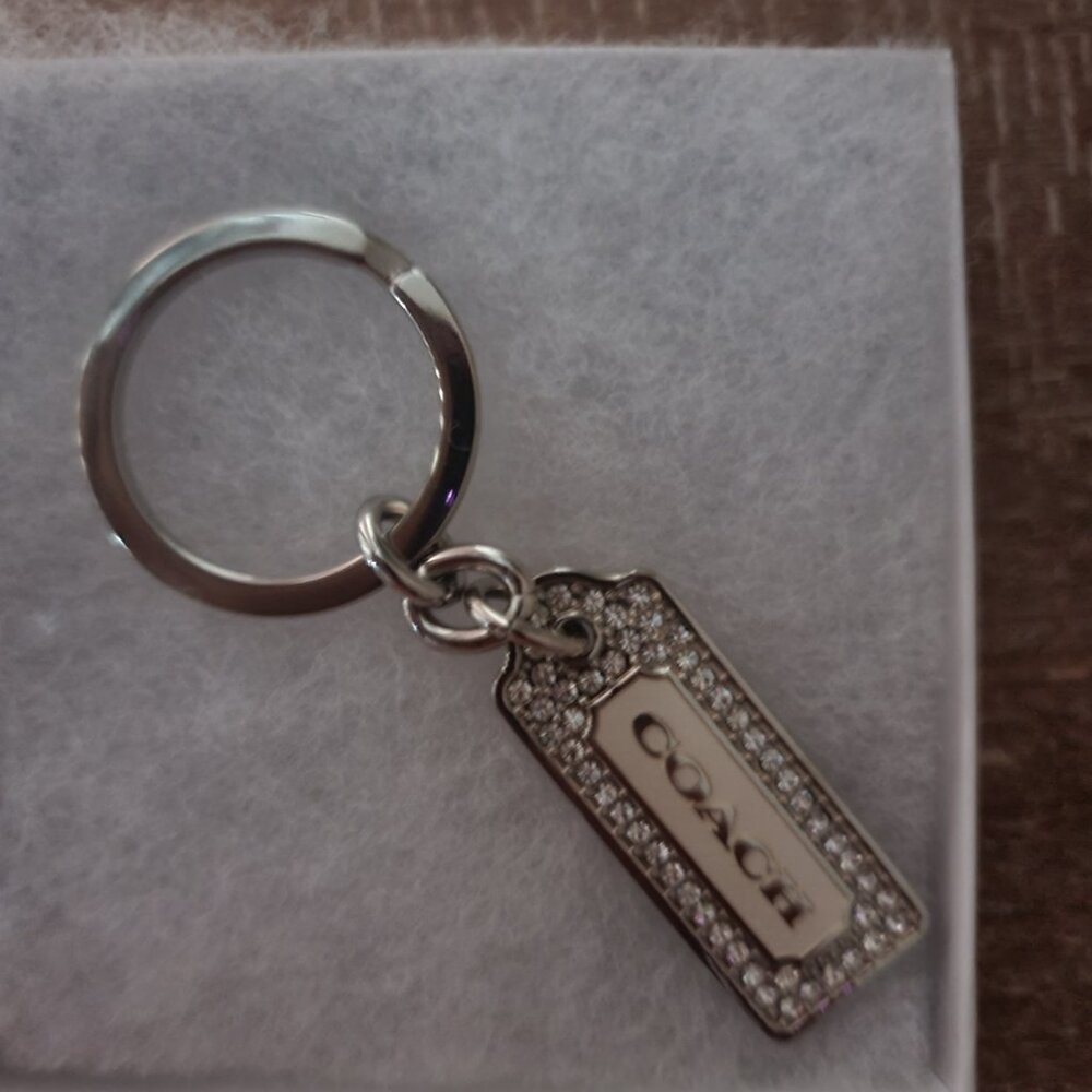 Coach Silver Rectangular Logo Key Ring with Rhinestone Border - Picture 15 of 15